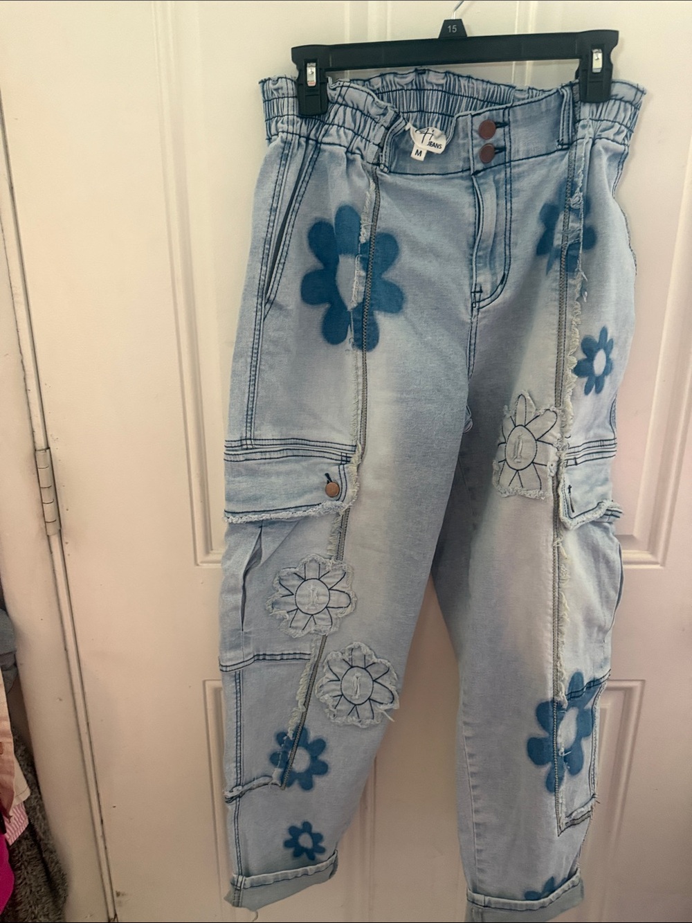 Light Blue Floral Patch Cargo Jeans for Women ollie & hallie
